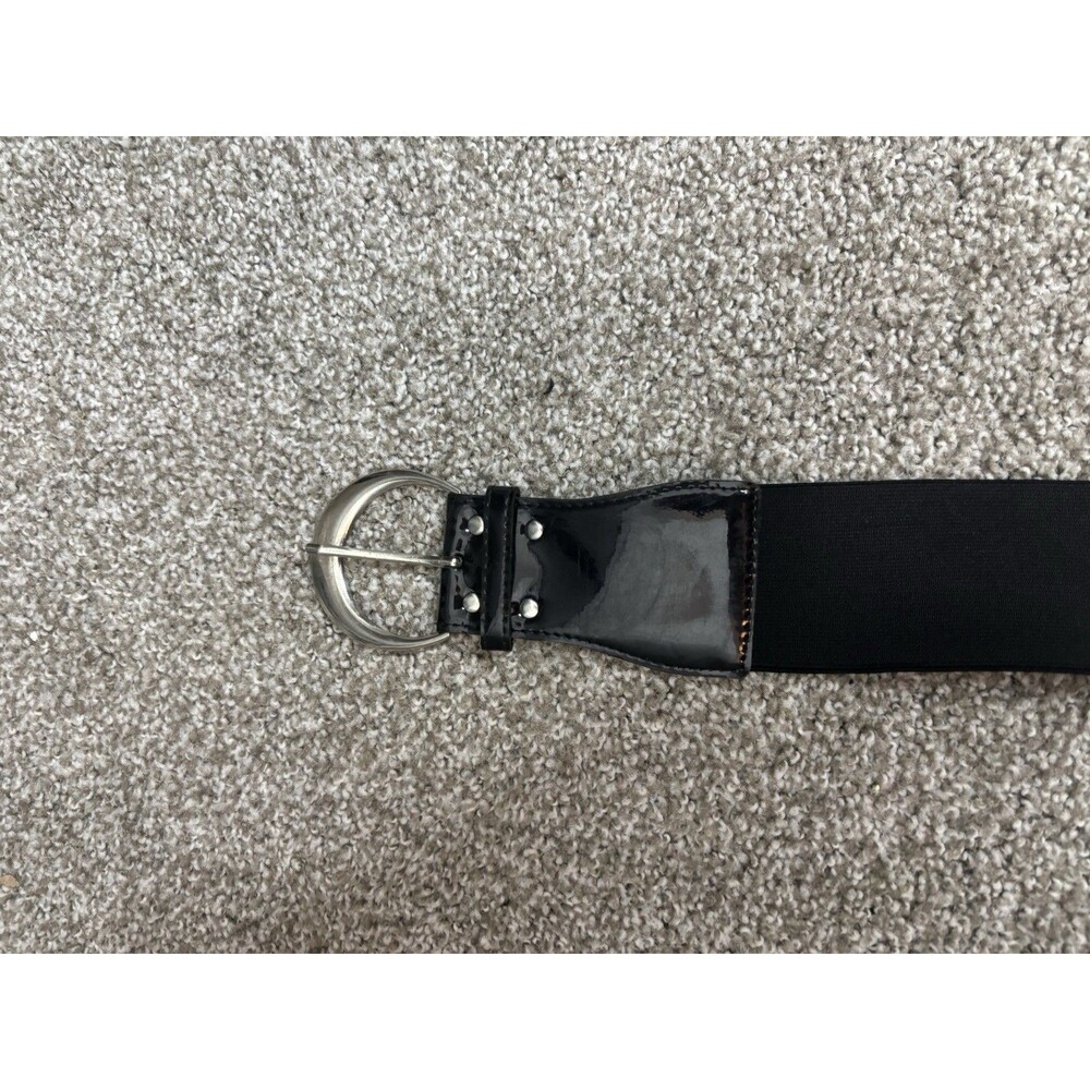 Black Stretch Belt Wide Elastic Patent Faux Leather Silver Buckle